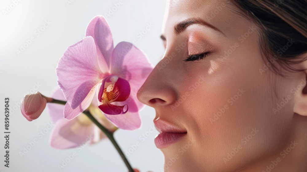 Aromatherapy concept depicted with woman holding orchid flower on white background Aromatherapy concept depicted with woman holding orchid flower on white background