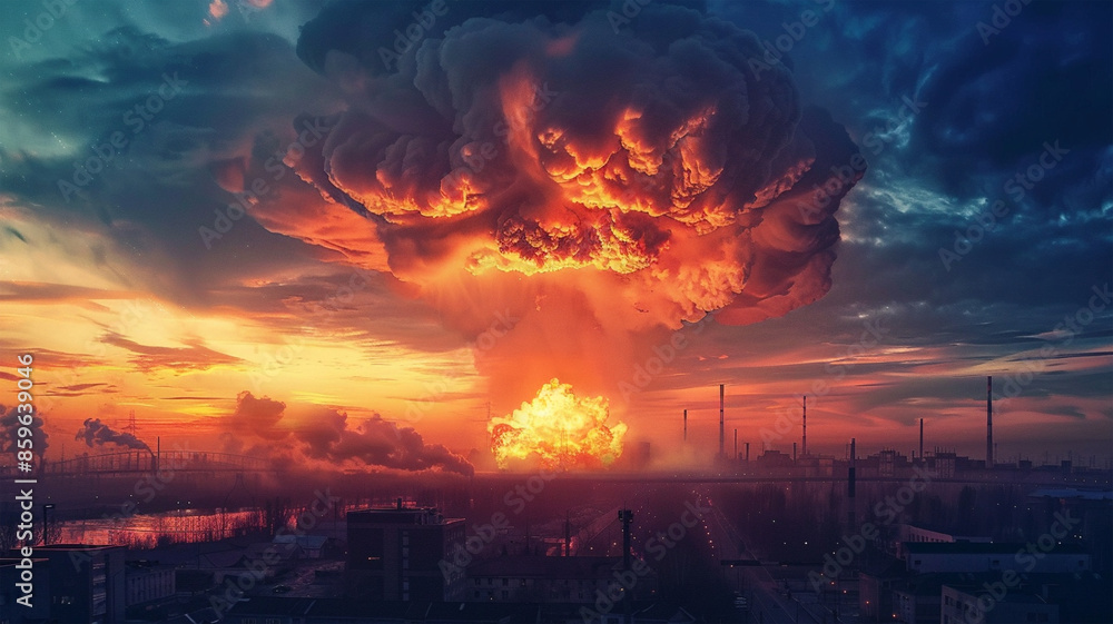 a large mushroom cloud created after an explosion in an industrial area with buildings and towers. The sky is colored orange, blue and purple, indicating dawn or dusk. a large mushroom cloud created after an explosion in an industrial area with buildings and towers. The sky is colored orange, blue and purple, indicating dawn or dusk.