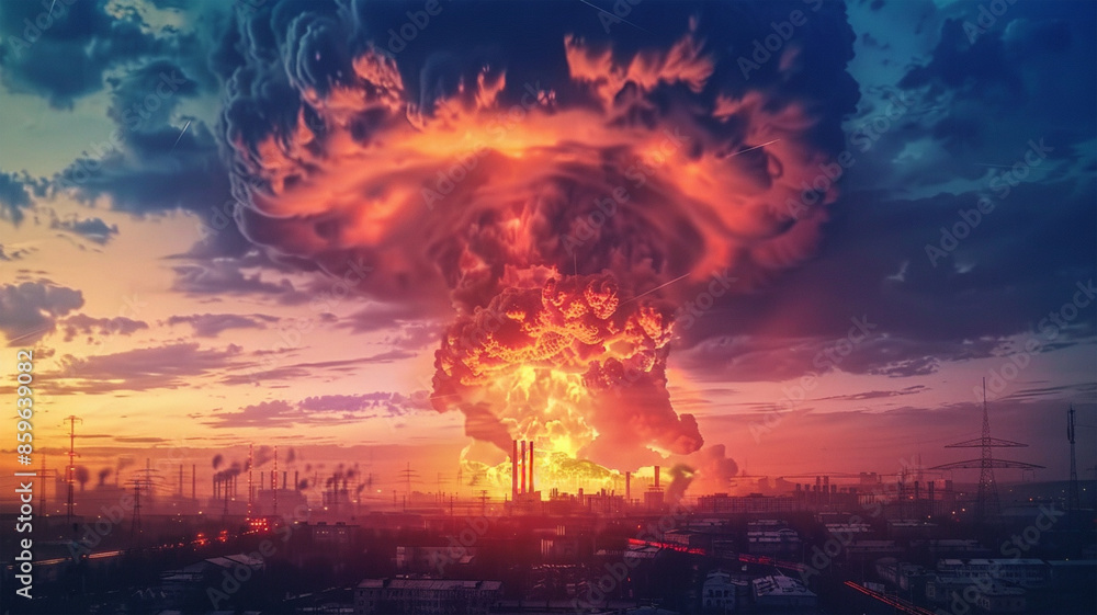 a large mushroom cloud created after an explosion in an industrial area with buildings and towers. The sky is colored orange, blue and purple, indicating dawn or dusk. a large mushroom cloud created after an explosion in an industrial area with buildings and towers. The sky is colored orange, blue and purple, indicating dawn or dusk.