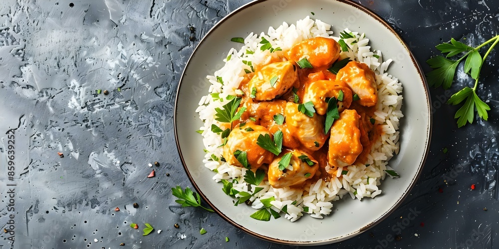 Fricassee Chicken with Rice Served on a Plate. Concept Chicken Recipes, Rice Dishes, Cooking Techniques, Plate Presentation Fricassee Chicken with Rice Served on a Plate. Concept Chicken Recipes, Rice Dishes, Cooking Techniques, Plate Presentation