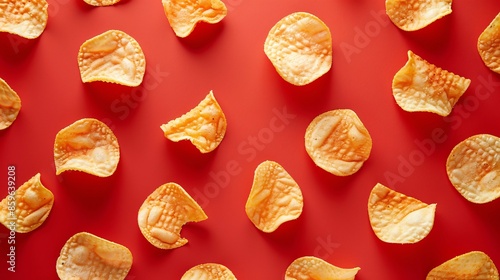 Crispy Potato Chips on Vibrant Red Background - Snack Food Texture and Pattern photo