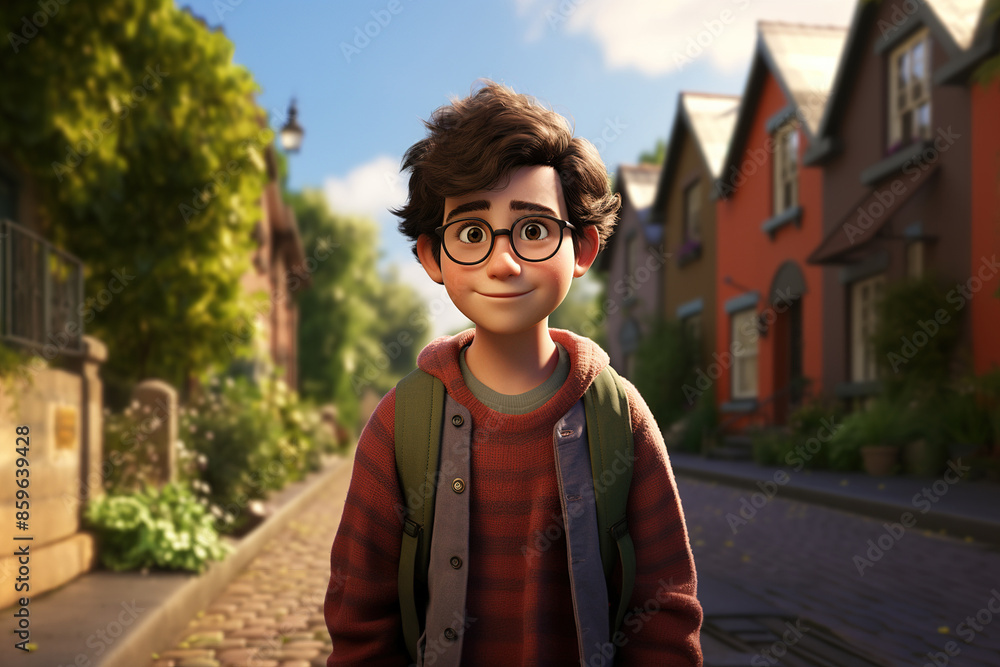 3D illustration of a smiling young boy with glasses and a backpack, strolling on a cobblestone street lined with charming houses 3D illustration of a smiling young boy with glasses and a backpack, strolling on a cobblestone street lined with charming houses