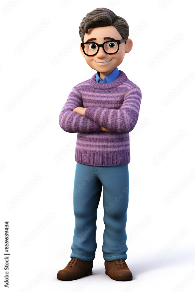 3D illustration of a sophisticated elderly man with glasses, wearing a cozy purple sweater and blue pants, standing confidently 3D illustration of a sophisticated elderly man with glasses, wearing a cozy purple sweater and blue pants, standing confidently