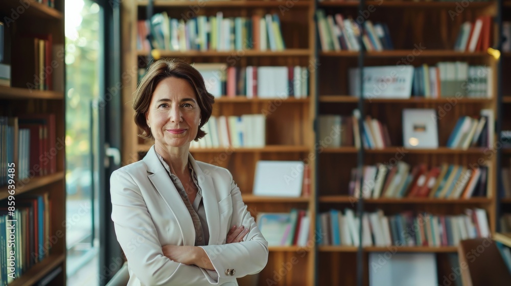 A woman in a white blazer stands in a library with shelves full of books A woman in a white blazer stands in a library with shelves full of books