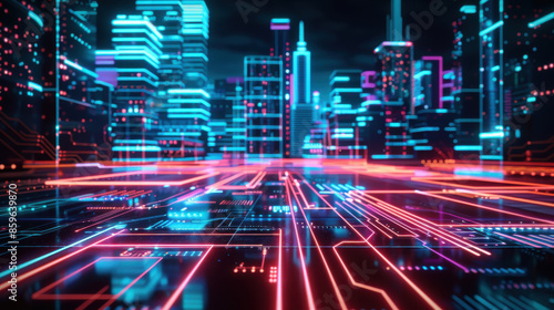 Futuristic neon cityscape with glowing digital lines and skyscrapers at night, representing advanced technology and urban development. © Sunday Cat Studio