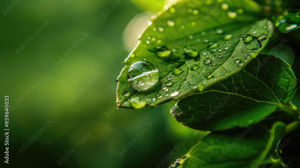 Water drops rest on a bright green leaf, with light reflecting off the largest drop and soft background in shades of green. Water drops rest on a bright green leaf, with light reflecting off the largest drop and soft background in shades of green.