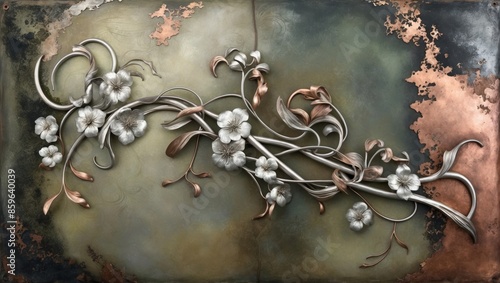 A close-up image of a metal floral artwork with a copper background photo