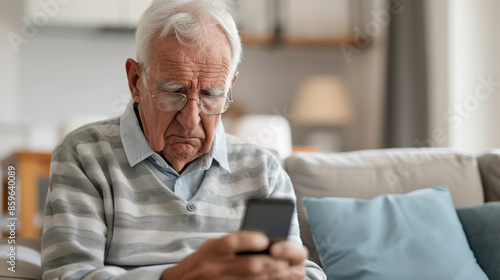 Senior man intently using a smartphone at home, representing technology use among the elderly population in a cozy living room setting.