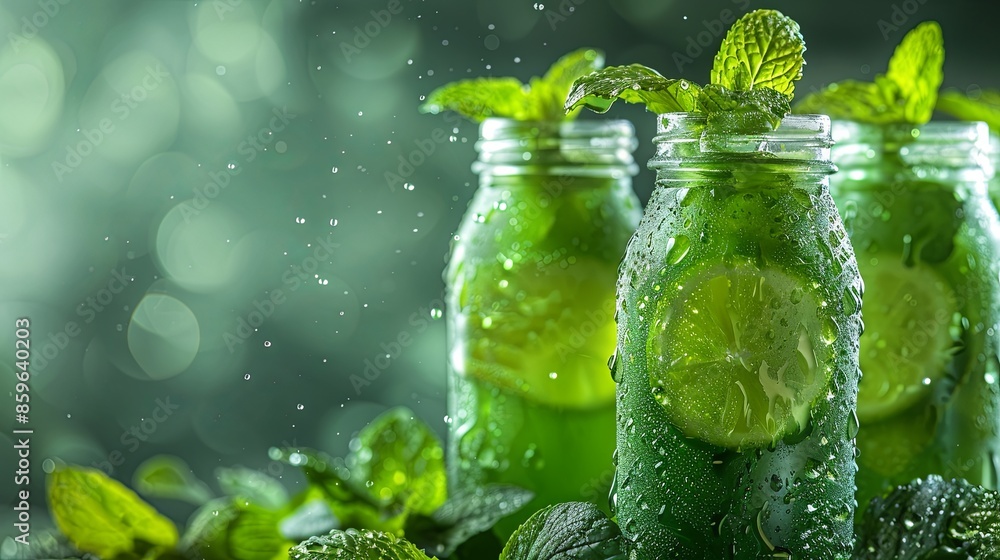 Line with green beverages, cocktails with fruit and vegetables, summer cold drinks Line with green beverages, cocktails with fruit and vegetables, summer cold drinks
