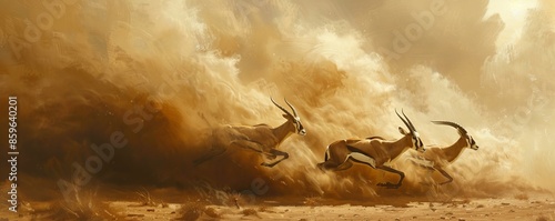 Three antelopes running through a desert sandstorm