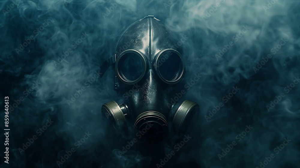 a gas mask surrounded by dense fog and smoke, against a completely black background, with light illuminating the edges of the mask a gas mask surrounded by dense fog and smoke, against a completely black background, with light illuminating the edges of the mask