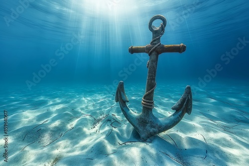 The image showcases a solitary anchor lying on the seabed, bathed in sunlight penetrating the ocean, highlighting the serene underwater landscape around it.