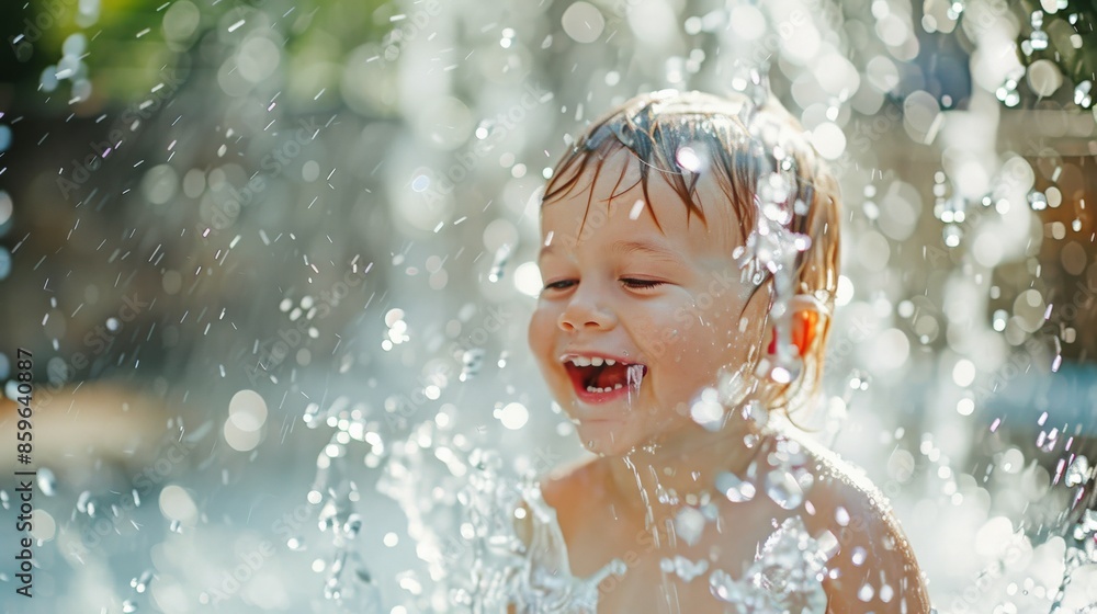 A young boy laughs as water splashes around him in a fountain on a sunny day A young boy laughs as water splashes around him in a fountain on a sunny day