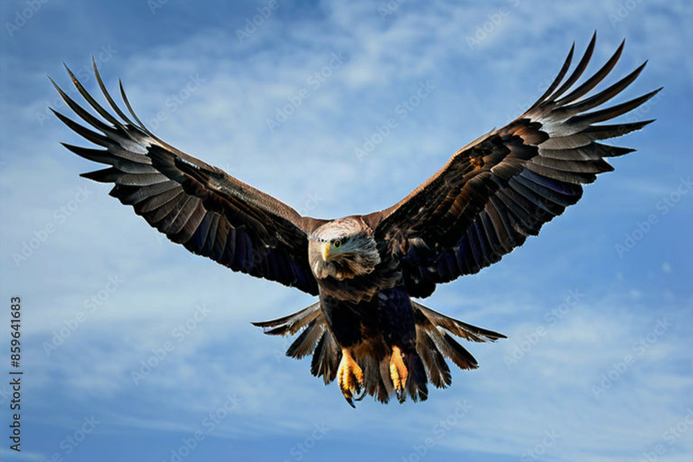 Obraz premium An eagle soars in the sky with its wings spread wide. Large bird of prey against the background of the sky with clouds.