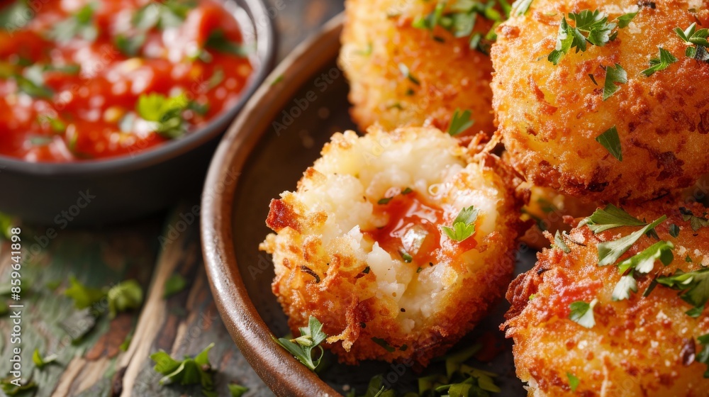 Golden-brown potato balls with a spicy tomato sauce Golden-brown potato balls with a spicy tomato sauce