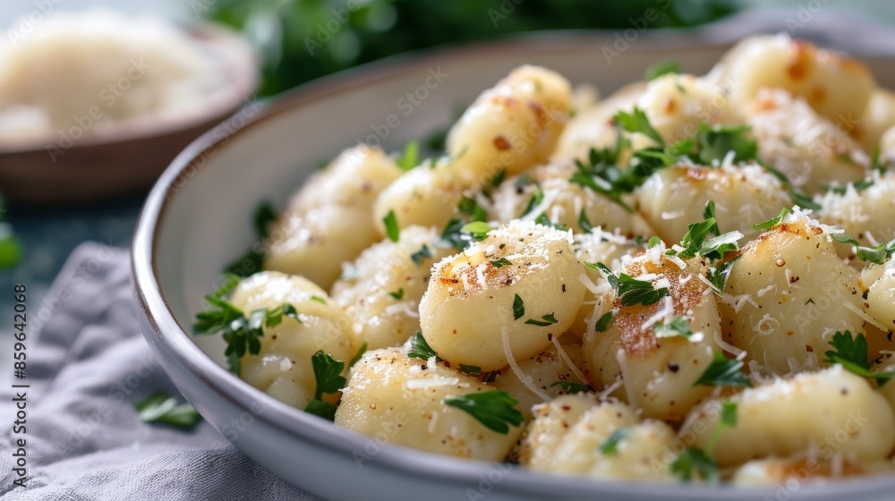 Close-up of gnocchi in a bowl with fresh parsley and parmesan cheese Close-up of gnocchi in a bowl with fresh parsley and parmesan cheese
