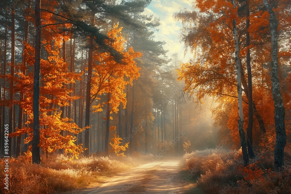An ethereal scene with sunbeams cutting through the mist in a forest with autumn colors An ethereal scene with sunbeams cutting through the mist in a forest with autumn colors
