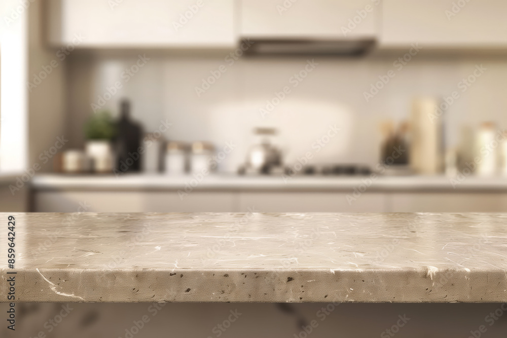 Selective focus on an empty stone countertop with copy space for display products with a blurred warm kitchen in the background. Selective focus on an empty stone countertop with copy space for display products with a blurred warm kitchen in the background.
