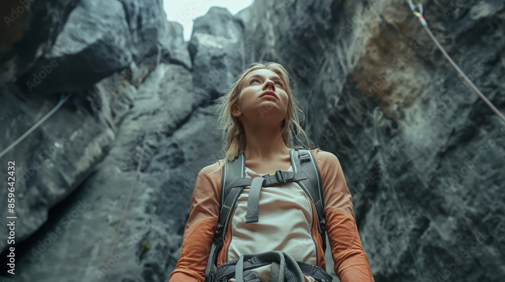 A girl traveller standing next to a large rock and carrying a backpack. Overcoming insurmountable obstacles A girl traveller standing next to a large rock and carrying a backpack. Overcoming insurmountable obstacles
