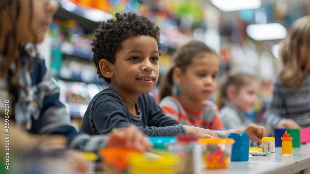 A young boy smiles with focus during an art activity with his peers A young boy smiles with focus during an art activity with his peers