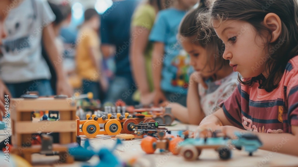 A young girl intently plays with toy cars at a bustling summer festival A young girl intently plays with toy cars at a bustling summer festival
