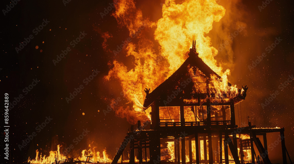 A wooden structure is engulfed in bright, intense flames, casting a vivid orange glow and scattering embers into the dark surroundings. A wooden structure is engulfed in bright, intense flames, casting a vivid orange glow and scattering embers into the dark surroundings.