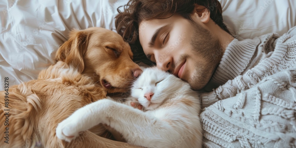 Young man with cat and dog sleeping together on bed Young man with cat and dog sleeping together on bed