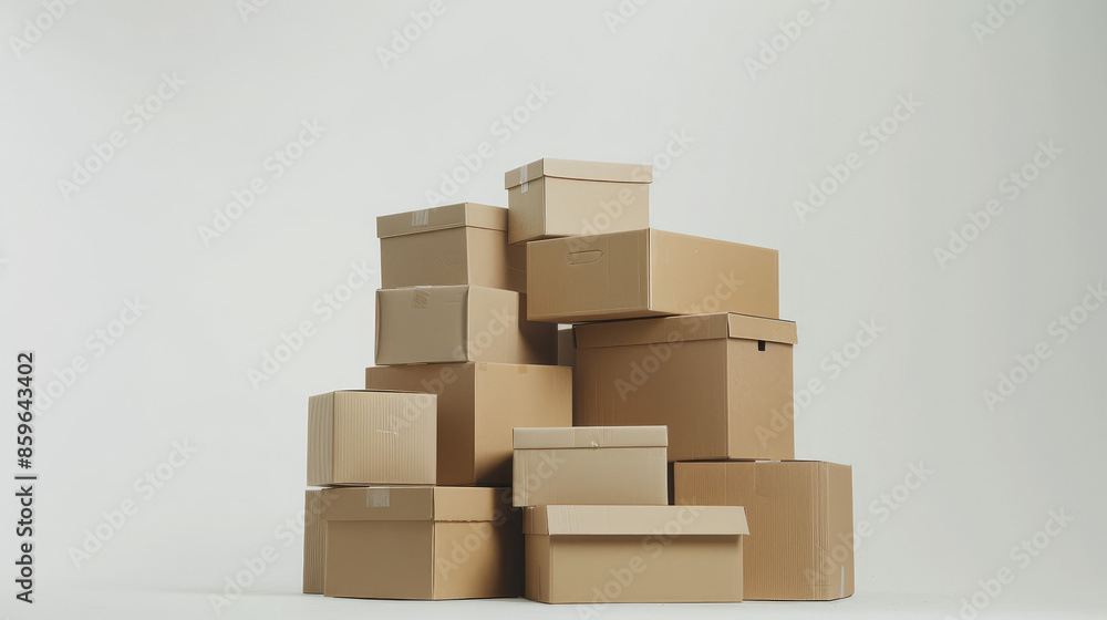Cardboard boxes with lids are stacked on top of each other against a plain white background. Cardboard boxes with lids are stacked on top of each other against a plain white background.
