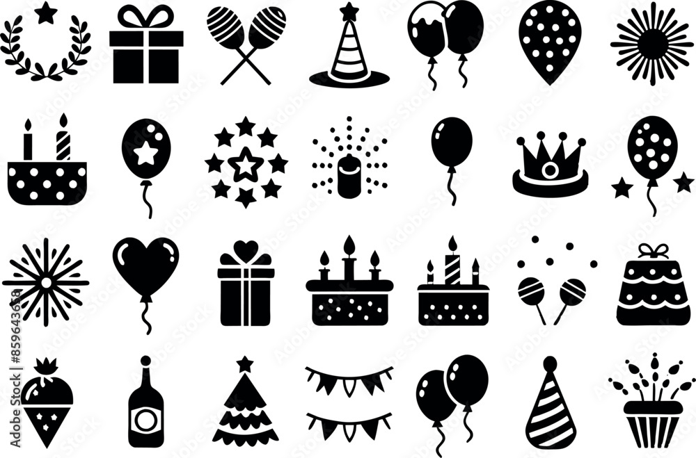 Fototapeta premium Holiday & Celebration related concept such as Fireworks, balloons, party hats & many more editable stroke outline icons isolated on white background flat vector illustration