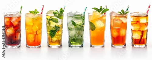 Set of long drinks with ice and mint in tall glasses isolated on a white background, including a mojito cocktail