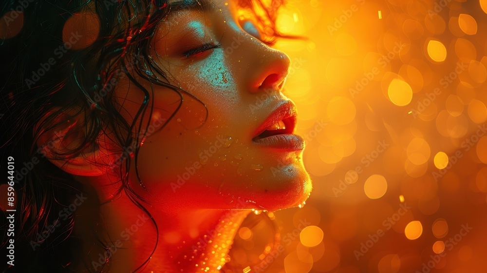 Fototapeta premium An abstract close-up of a person's face with bright bokeh lights in the background, focusing on the vibrant color contrast and creating a visually stimulating composition.