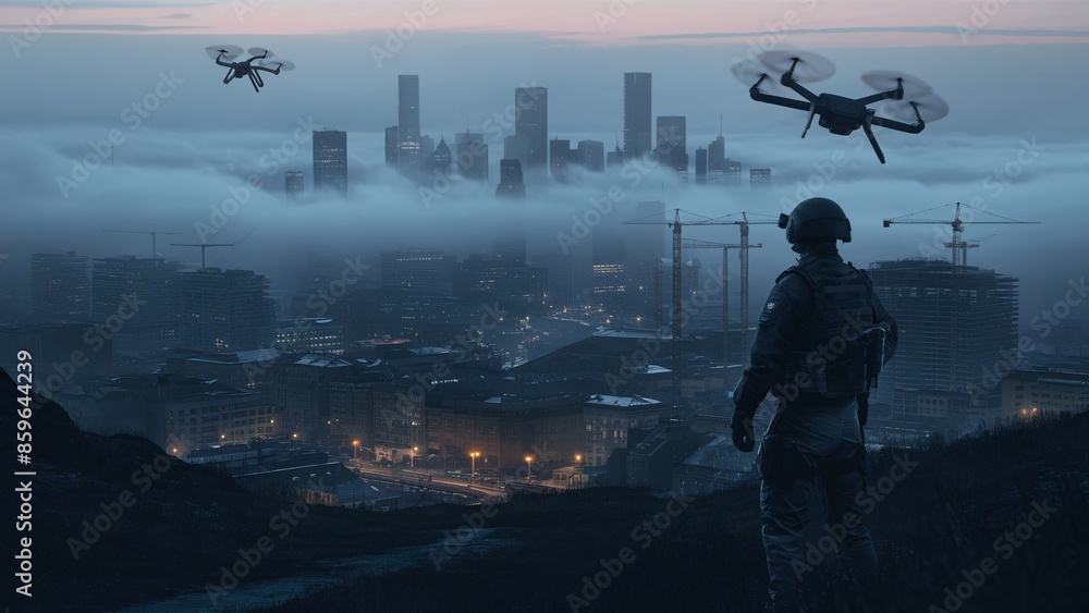 Fototapeta premium A soldier is standing on a rooftop, looking out over a city. There are two drones in the sky and fog covering the lower parts of the city.