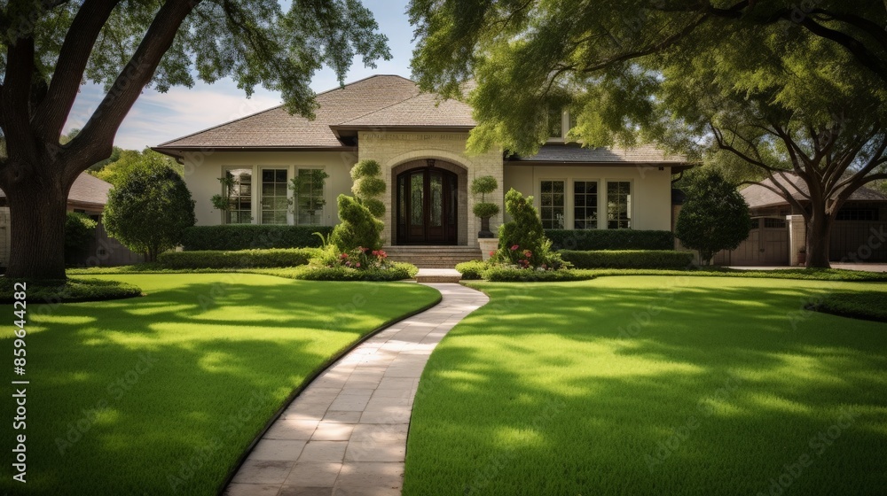 A well-kept suburban home with a lush green lawn and a winding pathway A well-kept suburban home with a lush green lawn and a winding pathway