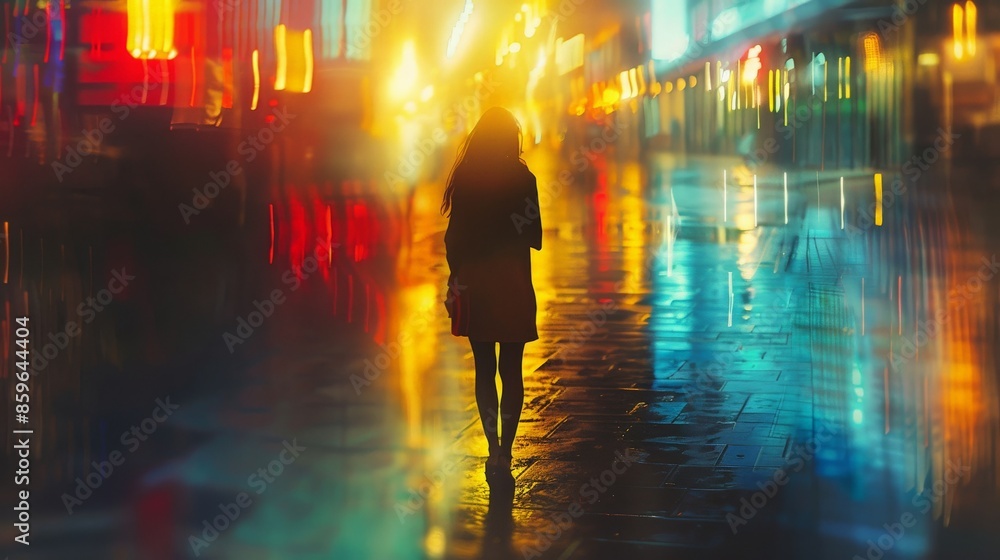 Fototapeta premium A lone woman walks through a city street at night, illuminated by colorful neon lights