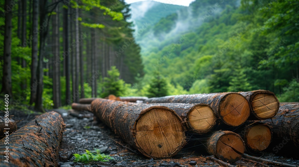 Stacked logs in a serene forest setting amidst misty mountains, showcasing lush greenery and a tranquil, natural environment. Stacked logs in a serene forest setting amidst misty mountains, showcasing lush greenery and a tranquil, natural environment.