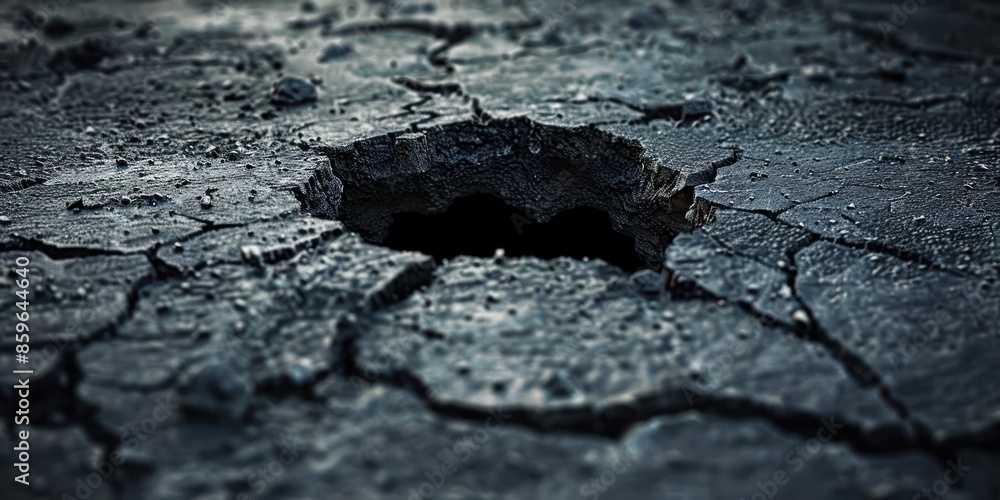 Fototapeta premium Close-up of a cracked asphalt road with a large hole in the center, showcasing damage and texture of the rugged surface.