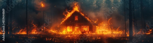 A cabin in the middle of a dense forest engulfed in flames, with fire spreading to the surrounding trees.