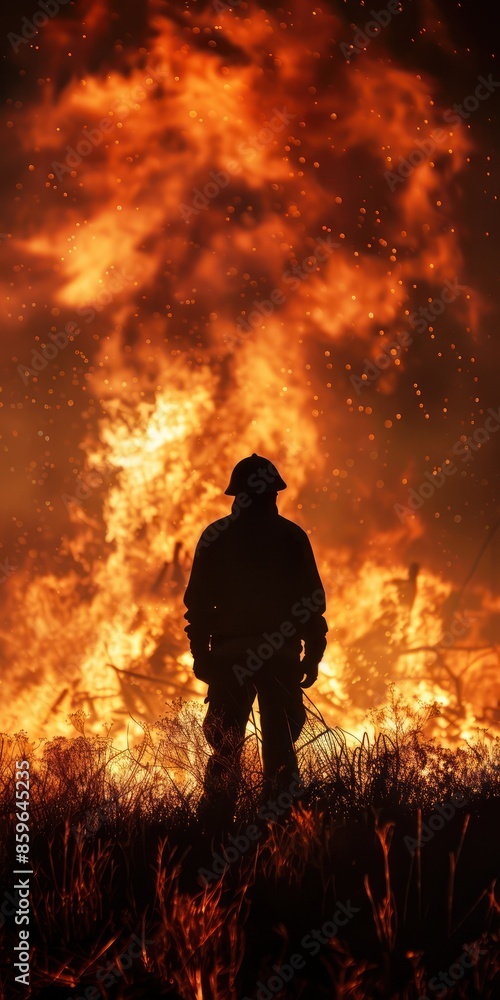 Silhouette of a firefighter standing in front of a large blazing fire, night scene highlighting the intensity and danger of the flames. Silhouette of a firefighter standing in front of a large blazing fire, night scene highlighting the intensity and danger of the flames.