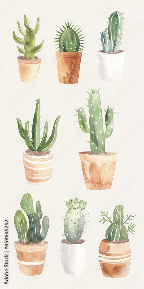 Watercolor illustrations of various potted cacti and succulents. Ideal for home decor, botanical designs, and nature-themed art projects. Watercolor illustrations of various potted cacti and succulents. Ideal for home decor, botanical designs, and nature-themed art projects.