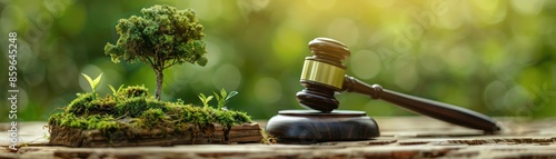 Conceptual image of environmental law with a small tree growing on moss next to a judge's gavel on a wooden surface.