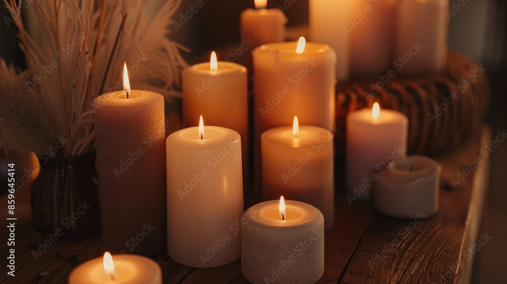 Numerous lit candles of various sizes rest on a wooden table, creating a warm, cozy glow. Delicate dried grasses are arranged in the background. Numerous lit candles of various sizes rest on a wooden table, creating a warm, cozy glow. Delicate dried grasses are arranged in the background.