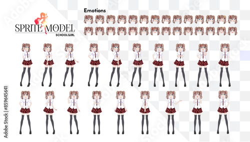 Anime manga girl, Cartoon character in Japanese style. In a white shirt, a red skirt in a cage, a tie and black stockings-tights. Sprite full length character for game visual novel. Set of emotions.