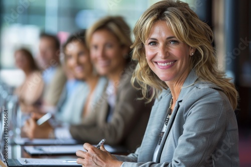 Happy business woman discussing with her team in a meeting, Generative AI