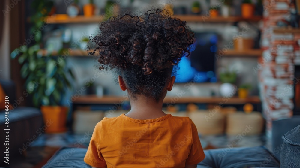 A child with curly dark hair sits on a sofa with their back turned, intently watching a television screen, surrounded by plants and various decorations in a well-lit living room. A child with curly dark hair sits on a sofa with their back turned, intently watching a television screen, surrounded by plants and various decorations in a well-lit living room.