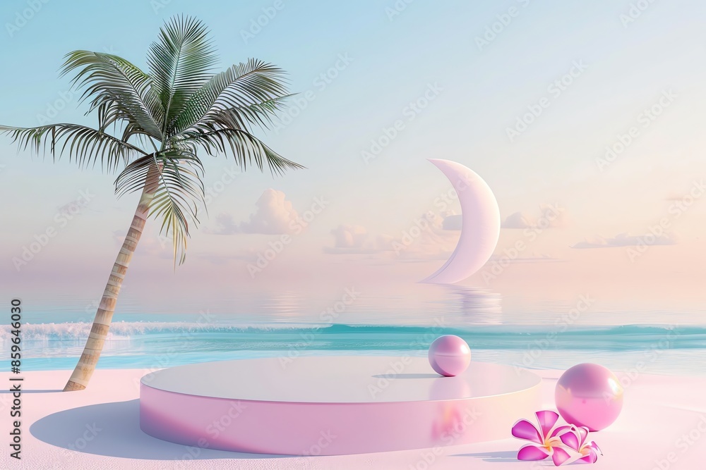 Obraz premium 3D render minimal summer background with an empty tropical island with palm trees