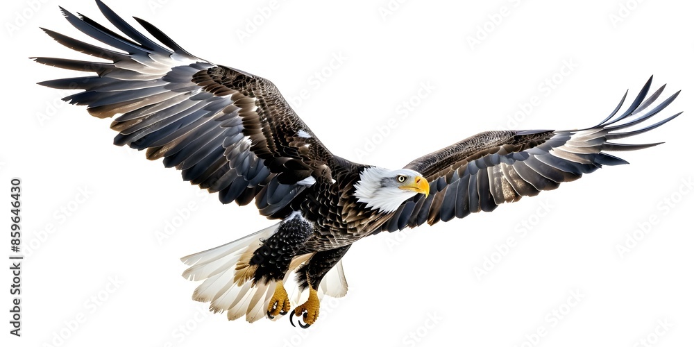 Obraz premium Eagle soaring against a white backdrop. Concept Bird of Prey, Wildlife Photography, Majestic Wings, Sky-high Beauty, Powerful Capture