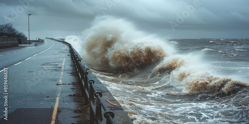 Fototapeta Naklejka Na Ścianę i Meble -  Powerful ocean wave crashes onto a coastal road during a storm, creating dramatic spray and turbulent waters.