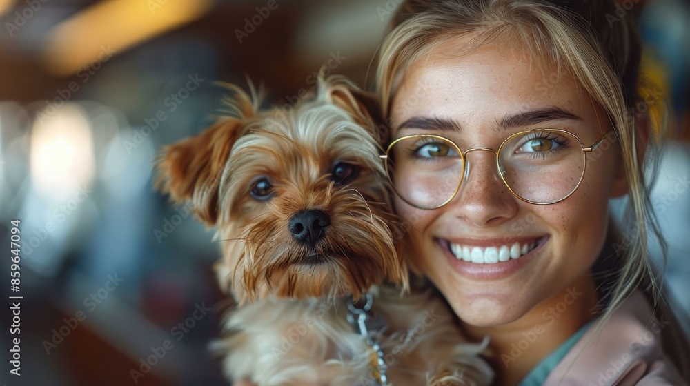 A smiling woman wearing glasses holding her small fluffy dog, both looking at the camera, embodying joy and companionship in a bright, casual setting. A smiling woman wearing glasses holding her small fluffy dog, both looking at the camera, embodying joy and companionship in a bright, casual setting.