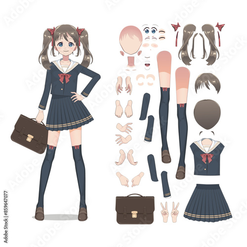 Anime manga schoolgirl in a skirt, stockings and schoolbag. Cartoon character in the Japanese style. Set of elements for character animation