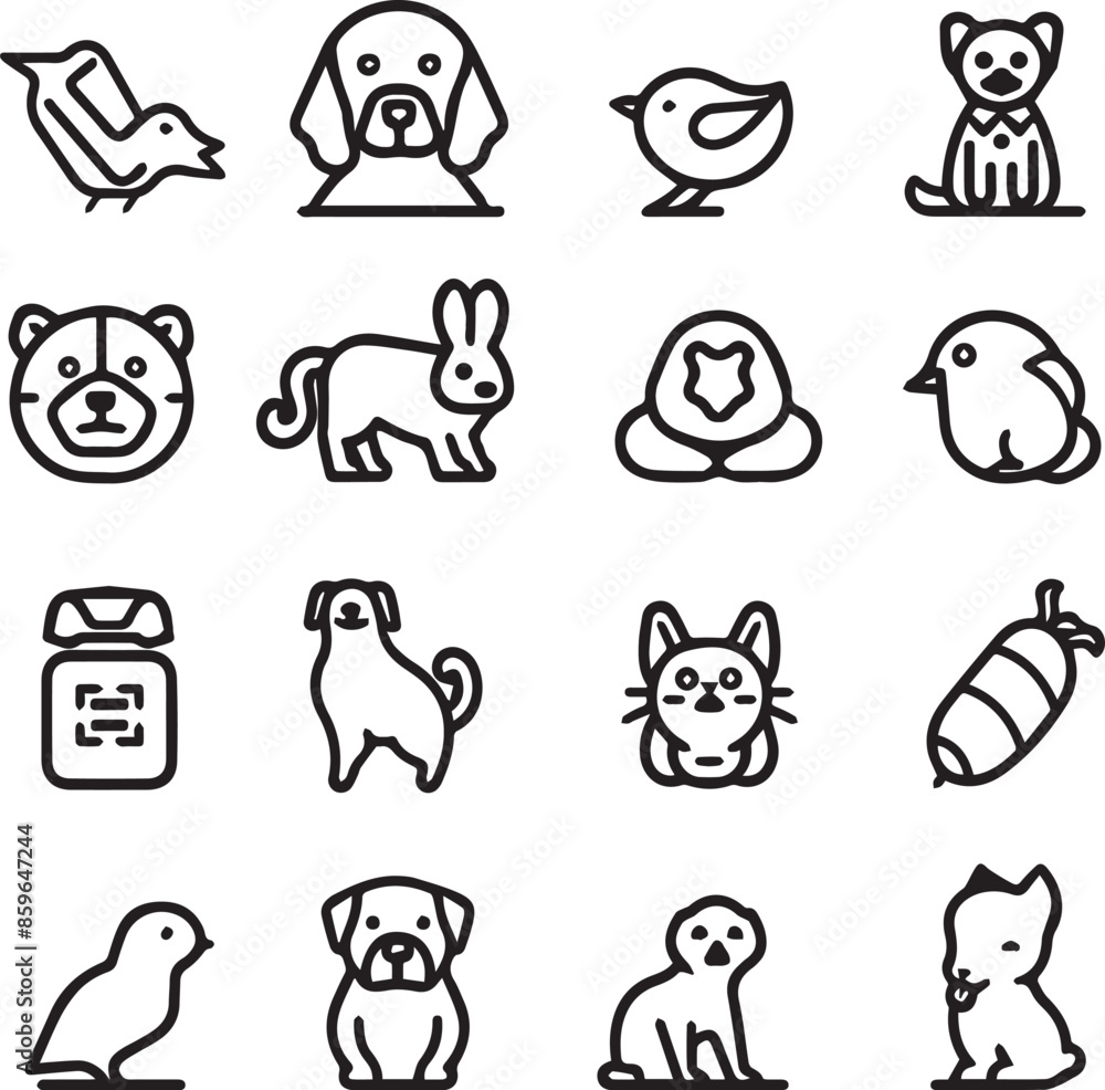 Silhouette Pets web icons in line style. Dog, cat, rabbit, hamster, bird, bone, pets, vet help. Vector illustration with White Background Silhouette Pets web icons in line style. Dog, cat, rabbit, hamster, bird, bone, pets, vet help. Vector illustration with White Background